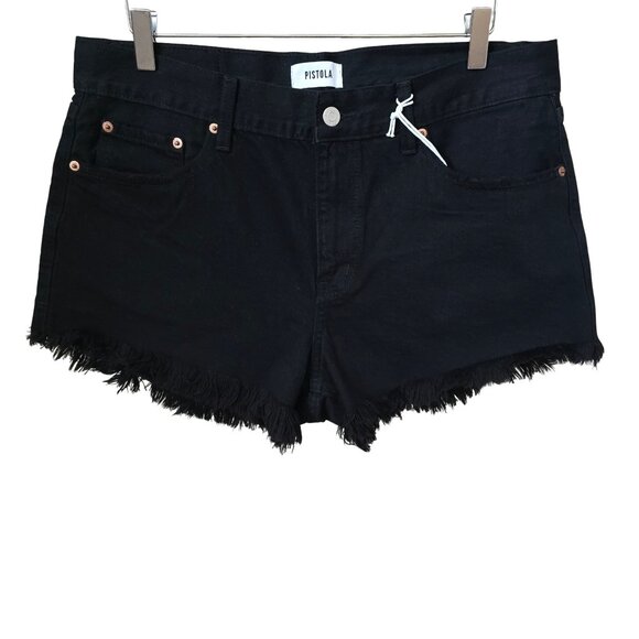 Pistola Gigi Pitch Black Denim Cutoff Shorts 30 Frayed Hem Rigid Distressed